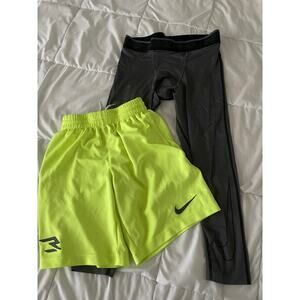NIKE set /2 of Shorts and Dry Fit Nike Pro under-layer leggings boys SZ M